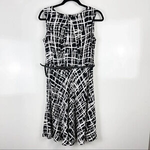 AGB Black/White Abstract Print Sleeveless Belted A-Line Dress Sz 8